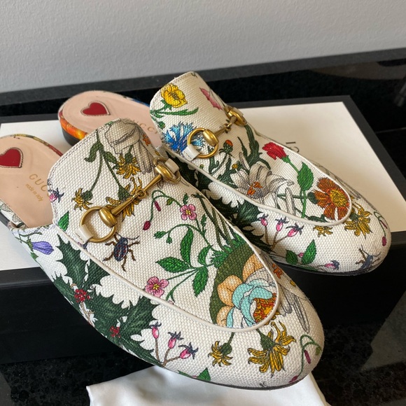 Gucci Princetown White Floral Canvas Loafers sandals EU 38 - Picture 12 of 16